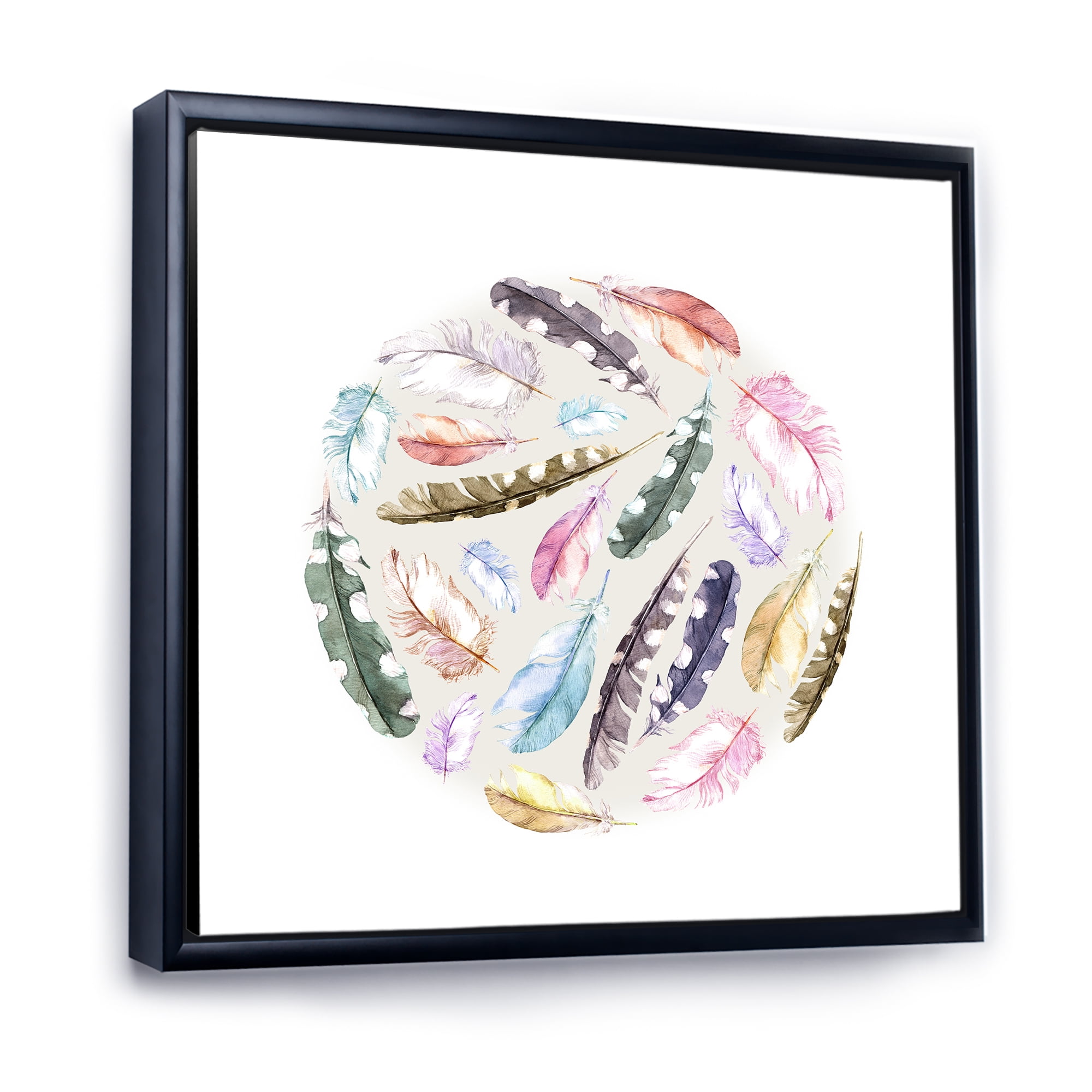 Designart 'Ancient Bird Feathers In Circle' Traditional Framed Canvas Wall Art Print