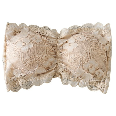 

BIZIZA Women s Lace Bandeau Bra Everyday Padded Bralette Full Coverage Tube Top Strapless Beige One Size