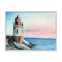 Designart 'A Lighthouse On A Rock Shore At Dawn' Nautical & Coastal Framed Canvas Wall Art Print
