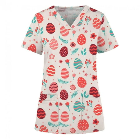 

Jovati Womens Nursing Scrub Tops Easter Eggs Bunny Rabbit Printed Working Uniform Short Sleeve V Neck Workwear Blouse T-shirt with Pockets On Clearance
