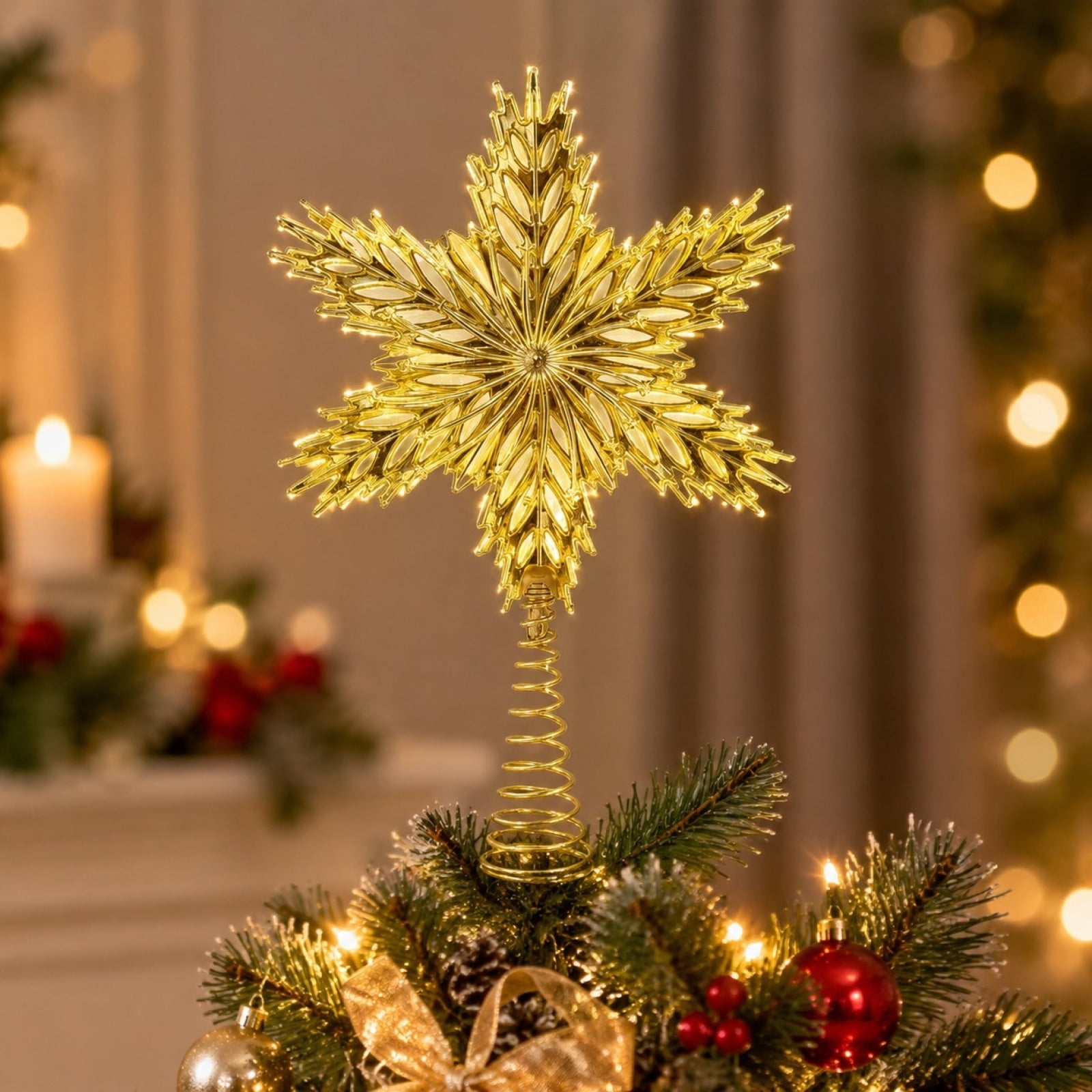 Cififendec Christmas Snowflake Tree Topper Electroplated Metal Star Ornament with Spring Base for Xmas Tree Top Decor Holiday Styling 8.66