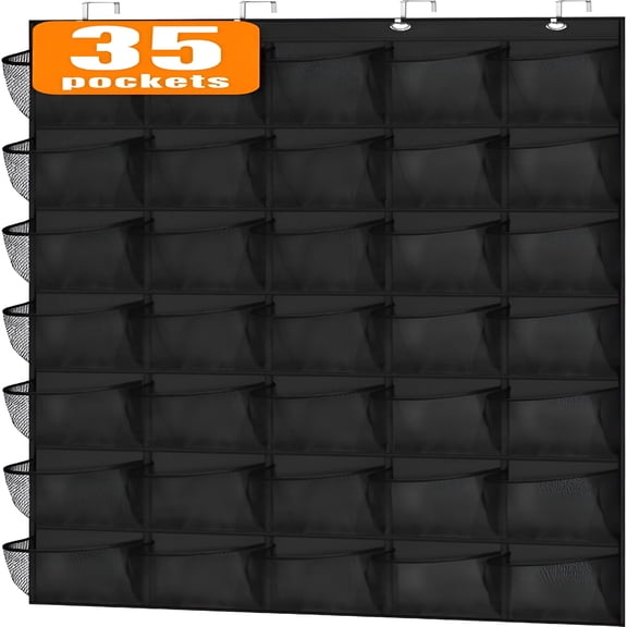 XIBUFE over the Door Shoe Organizer, 35 Large Breathable Mesh Pockets Hanging Storage Holder Shoe Rack Closet Organizer, Black over the Door Shoe Rack