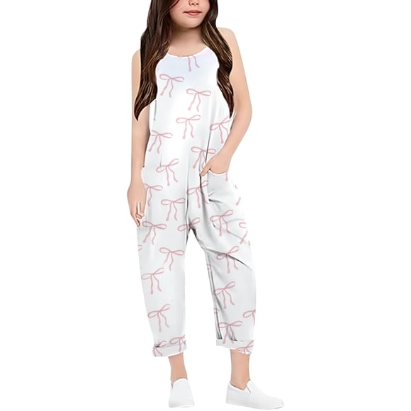 Toddler Girls Casual Pants V Strap Romper With Bow Print Solid Color Loose Romper With Pocket Kids Pants Pantalon Pour Filles Size 4-5T
