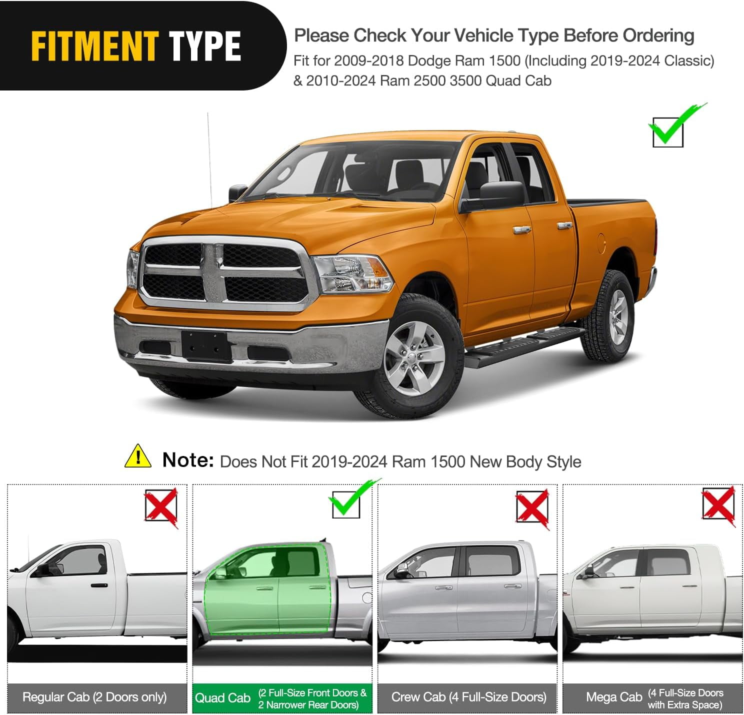 Nilight Running Boards for 2009-2018 Dodge Ram 1500 Quad Cab 2019-2024 Dodge Ram 1500 Classic 2010-2024 Dodge Ram 2500 3500 6inch Slip-Proof Aluminum Bolt-on Side Step Nerf Bars,Black