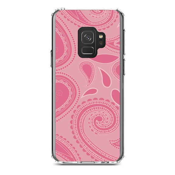 DistinctInk Clear Shockproof Hybrid Case for Samsung Galaxy S9 (5.8" Screen) - TPU Bumper, Acrylic Back, Tempered Glass Screen Protector - Big Pink Paisley