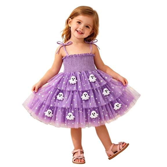 WERYOUNG Halloween Girls Dresses Ghost Graphic Sleeveless Square Collar Spaghetti Straps Dresses For Girls Kids Holiday Party Stylish Sundress 2-3 Years