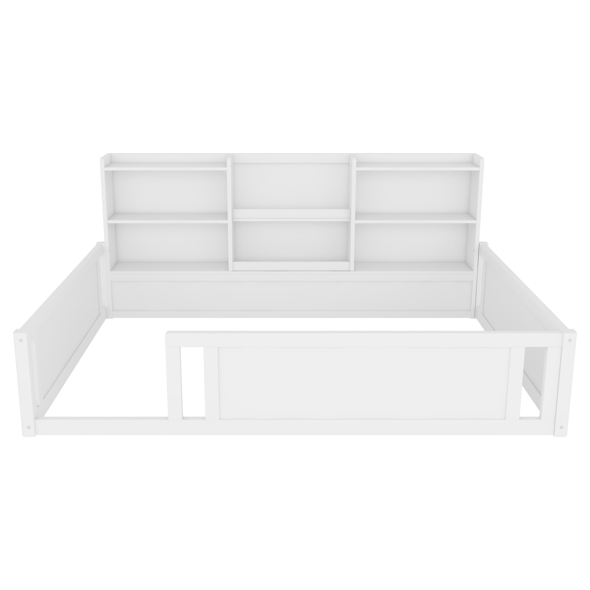 Mintazer Full Size Montessori Floor Bed with Bookcase Headboard & Guardrails, Kids Platform Bed Frame with 6 Cubby Storage Shelves for Bedroom, White