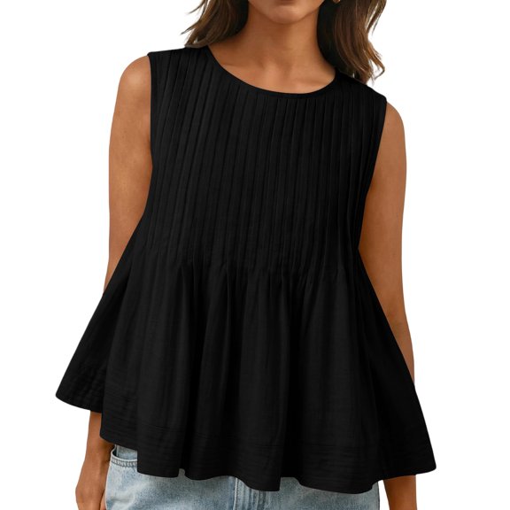 CIENVNSTG Womens Summer Pleated Peplum Tops Casual Sleeveless Tank Tops Flowy Babydoll Shirts Black S