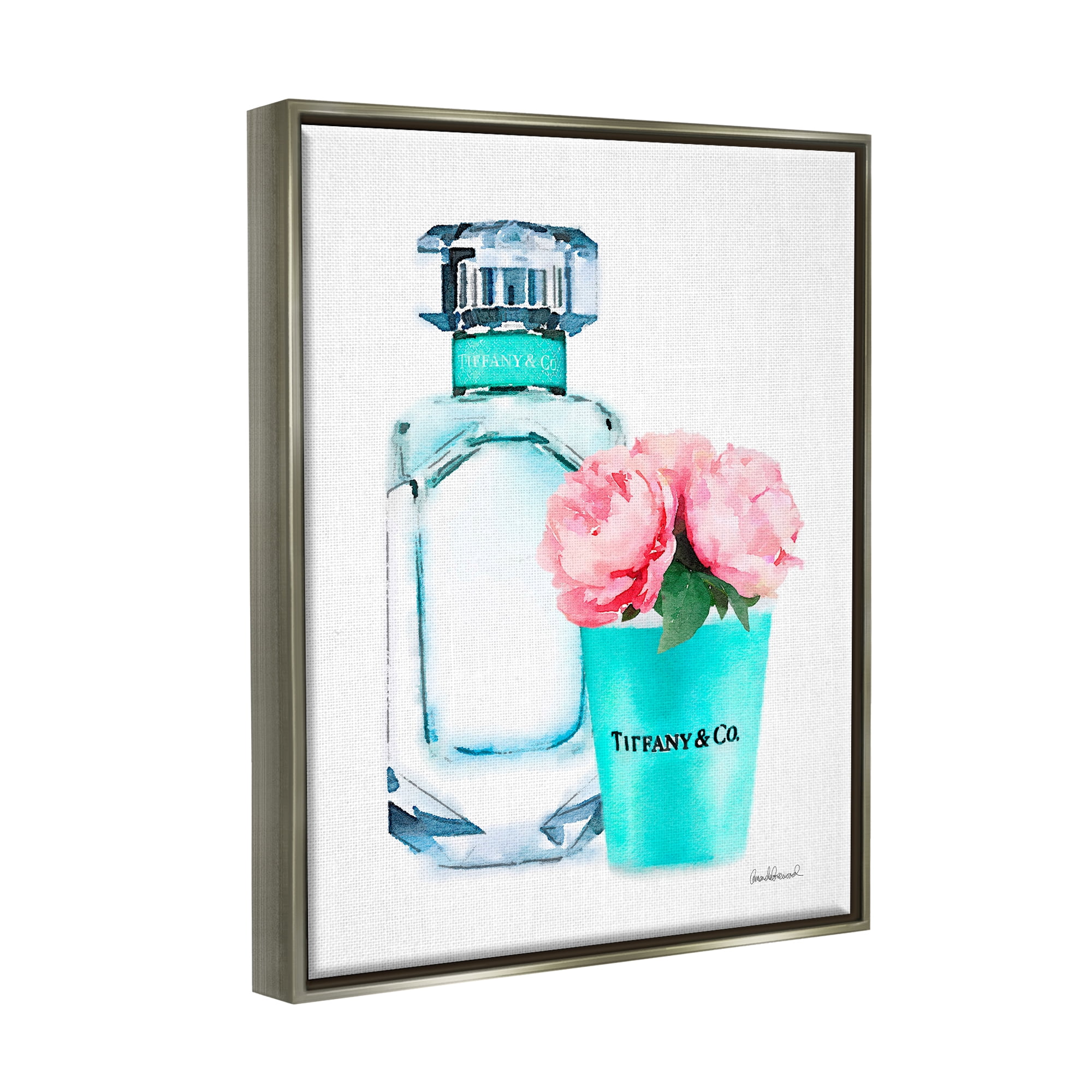 Stupell Industries Teal Blue Perfume Bottle and Pink Peonies Luster Gray Framed Floating Canvas Wall Art, 16x20, by Amanda Greenwood