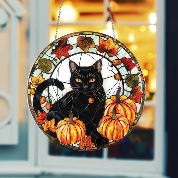 Acrylic Window Hanging, Black Cat with Pumpkins - 2D Stained Glass Style for Halloween Decor