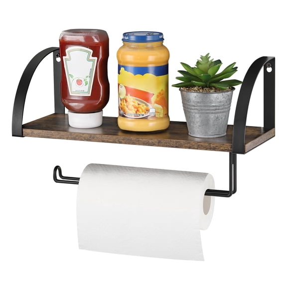 Wall-Mounted Paper Towel Holder with Shelf, Rustic Brown Paper Towel Holder Under Cabinet, Spice Rack for Kitchens & Bathrooms