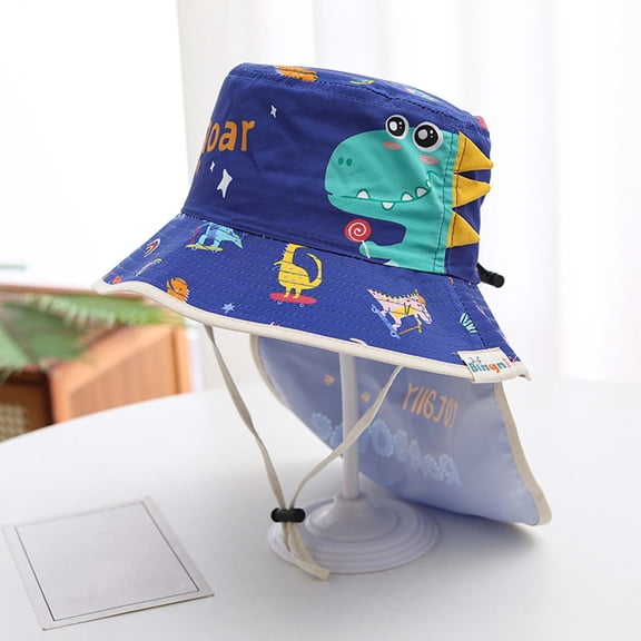 Wuxian Baby Boys Girls Hats Summer Breathable Wide Brim Cute Cartoon Dinosaur Print Adjustable Strap Mesh Patchwork Uv Protection Caps Toddler Outdoor Beach Playground Casual Hats,Blue,2-8 Years