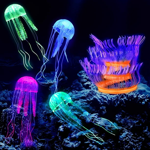 5 Pieces Aquarium Fish Tank Decorations Set Glowing Silicone Aquarium  Ornaments Artificial Floating Jellyfish Sea Anemone Coral Glowing Fish Tank  Accessories 