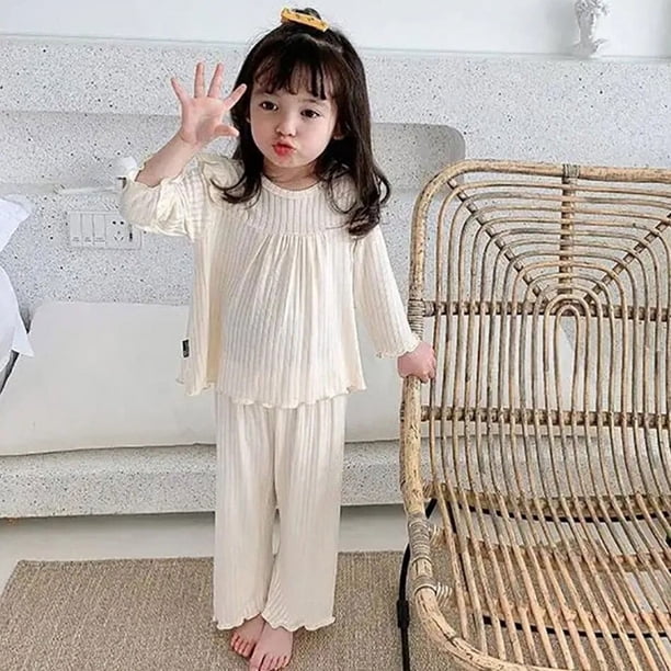 Conjunto de pijamas para niñas, ropa de dormir de manga larga con borde de volantes, pantalones con aire acondicionado para habitación, color rosa y Beige, 2/2 piezas