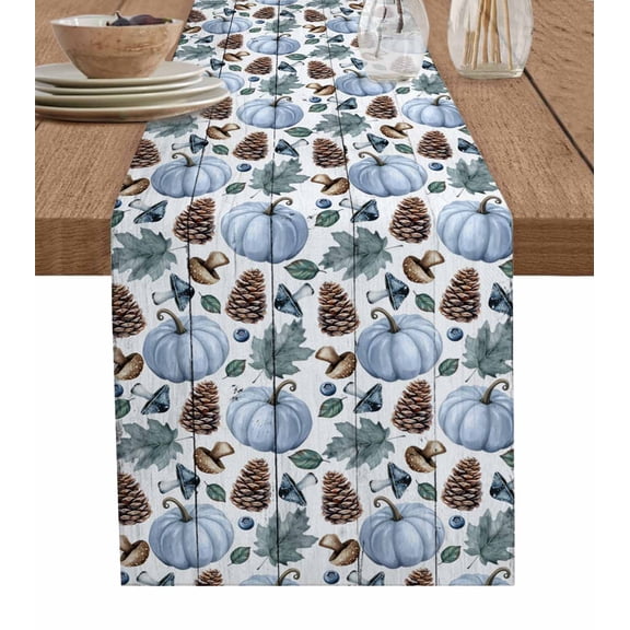 Fall Blue Pumpkins Table Runner 90 Inches, Thanksgiving Maple Mushrooms Pine Cone Bed Runner Dresser Scarves Tabletop for Indoor Outdoor Parties/Ceremony/Banquet, 13" x 90"