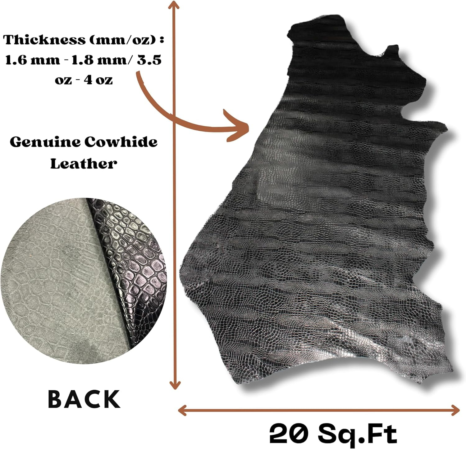 ArtisanCowhides Genuine Reptile Embossed Cowhide Leather for Crafts Projects–  Black 10 SqFt - 3.5-4.0 oz