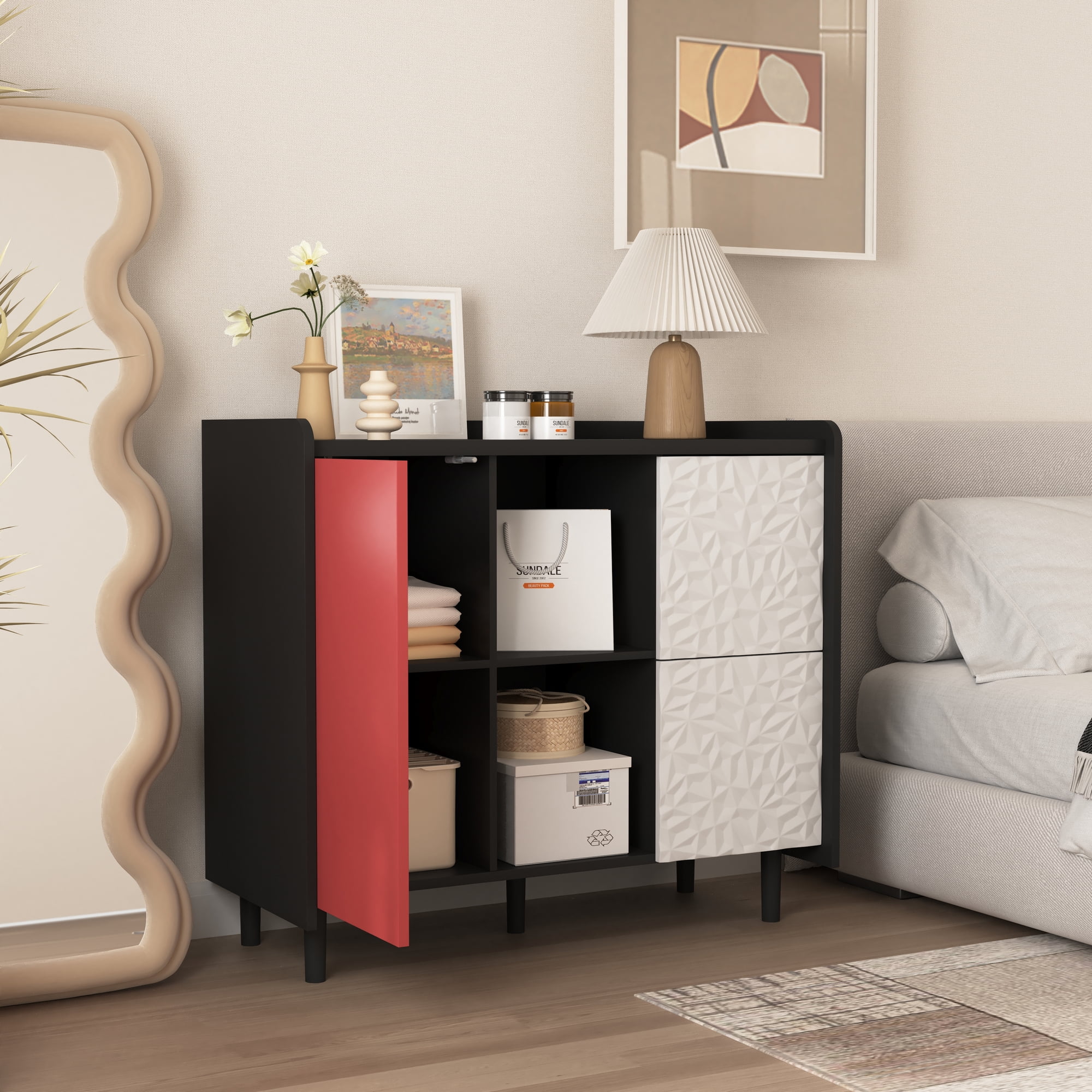 Noble House Sideboard Buffet Cabinet with 2 Drawers and Open Compartments, Black and Red