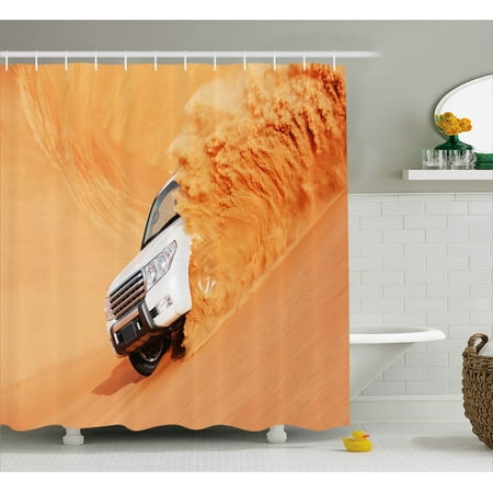 Desert Decor Shower Curtain, Suv Truck Pick Up Big Car with Huge Wheels Driving through the Sand Hills, Fabric Bathroom Set with Hooks, 69W X 84L Inches Extra Long, White Yellow, by