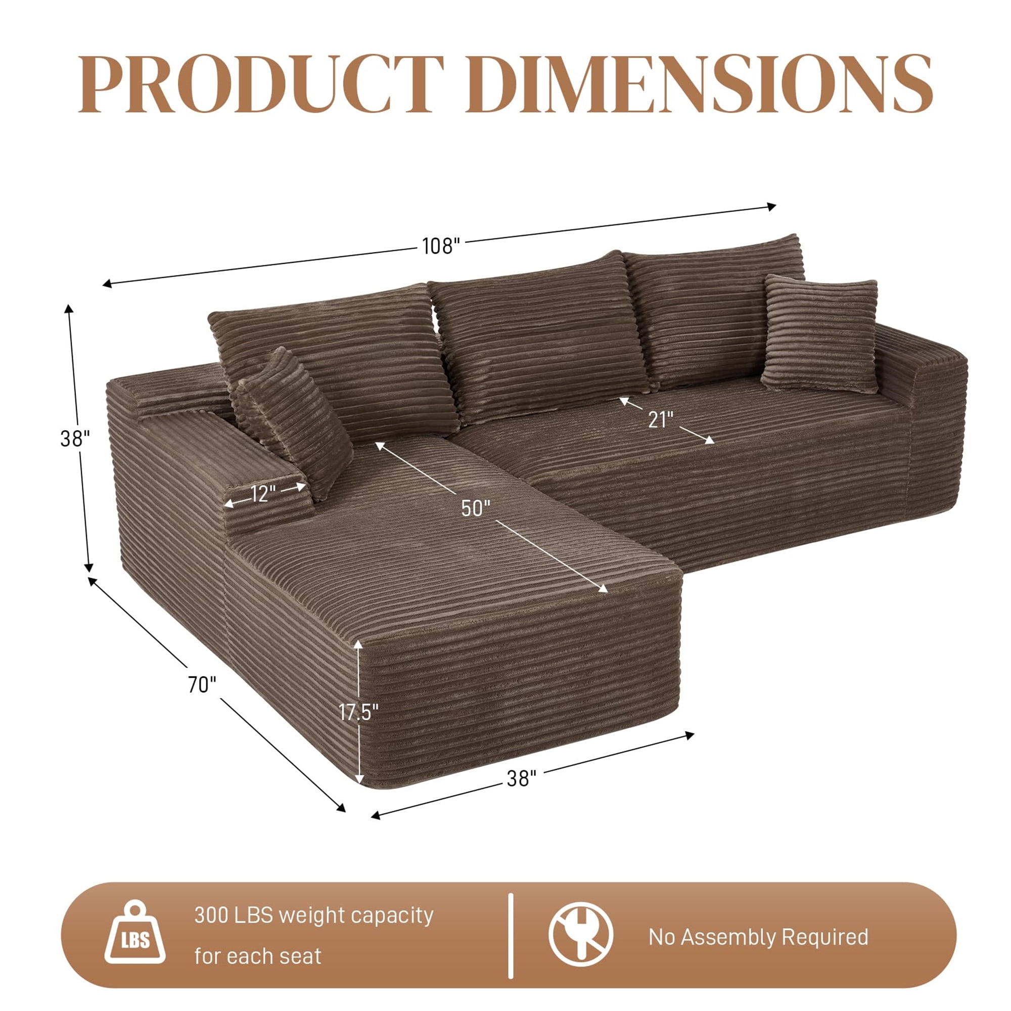 Aukfa 108" Cloud Sectional Sofa Deep Seat Boneless Couch Modular L-Shaped Couch, Left Chaise Corduroy Sofa for Living Room, Brown