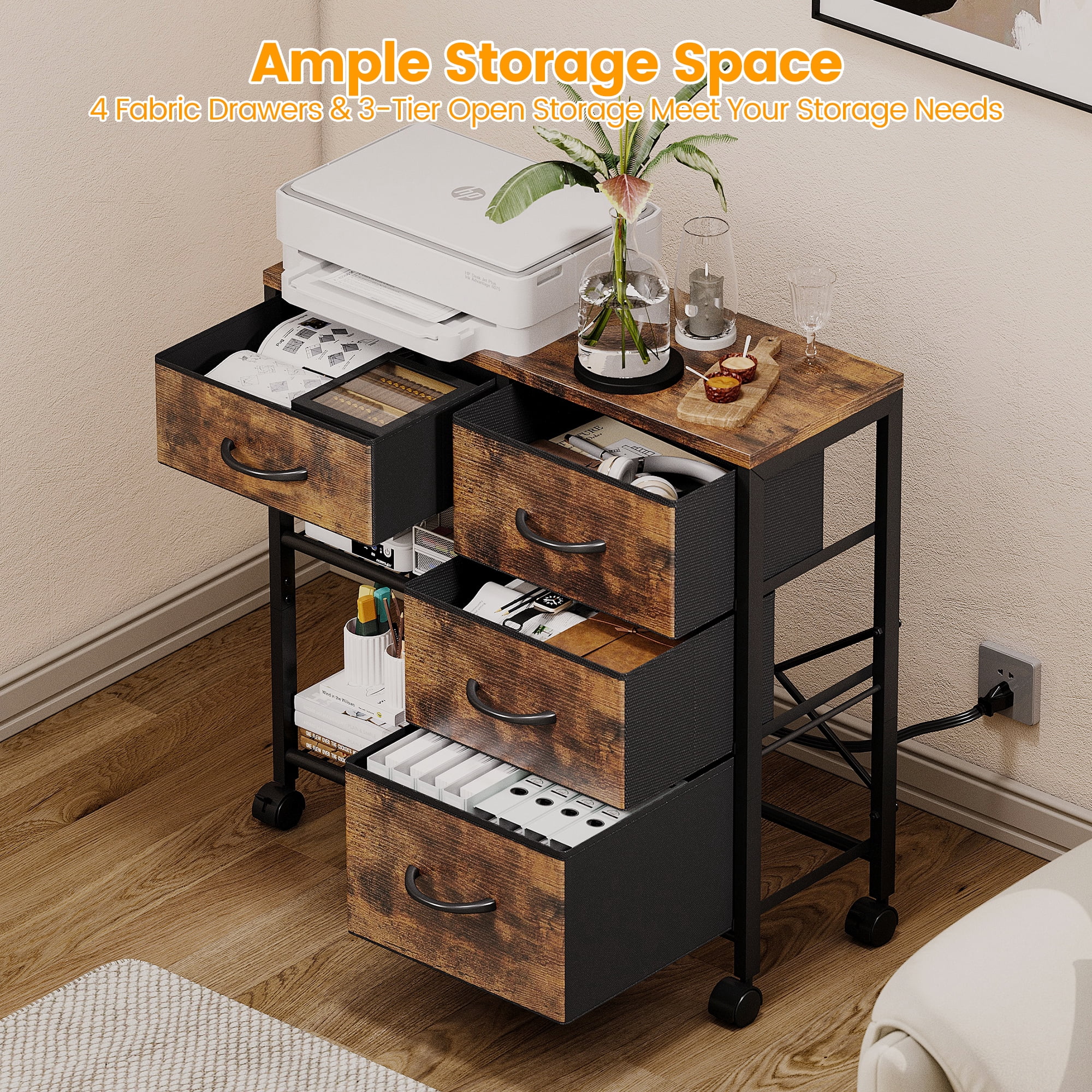 4 Drawer File Cabinet with Charging Station, Rolling Printer Stand Table with Open Storage Shelf, Mobile Fabric Filing Cabinet for Home Office, Rustic Brown