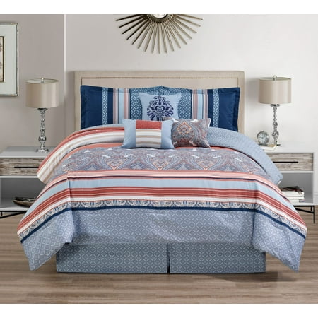 11 Piece Medallion Coral Blue Bed In A Bag W 600tc Cotton Sheet Set