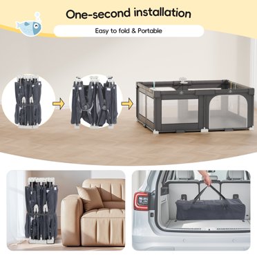 50" X 50" Foldable Baby Playpen With Zipper Gate, Portable Play Yard Carry Bag Anti Slip Suckers 50 Ocean Balls Baby Fence Play Area 4 Handles Grey