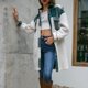 thumbnail image 3 of Chaqueta de mujer de manga larga con cuello vuelto y botones de una sola fila, abrigo a cuadros de retales de lana, cuadros verdes S, 3 of 6