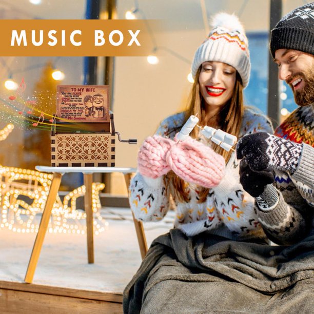 Caja de música con manivela grabada decorativa de madera antigua de 3 piezas