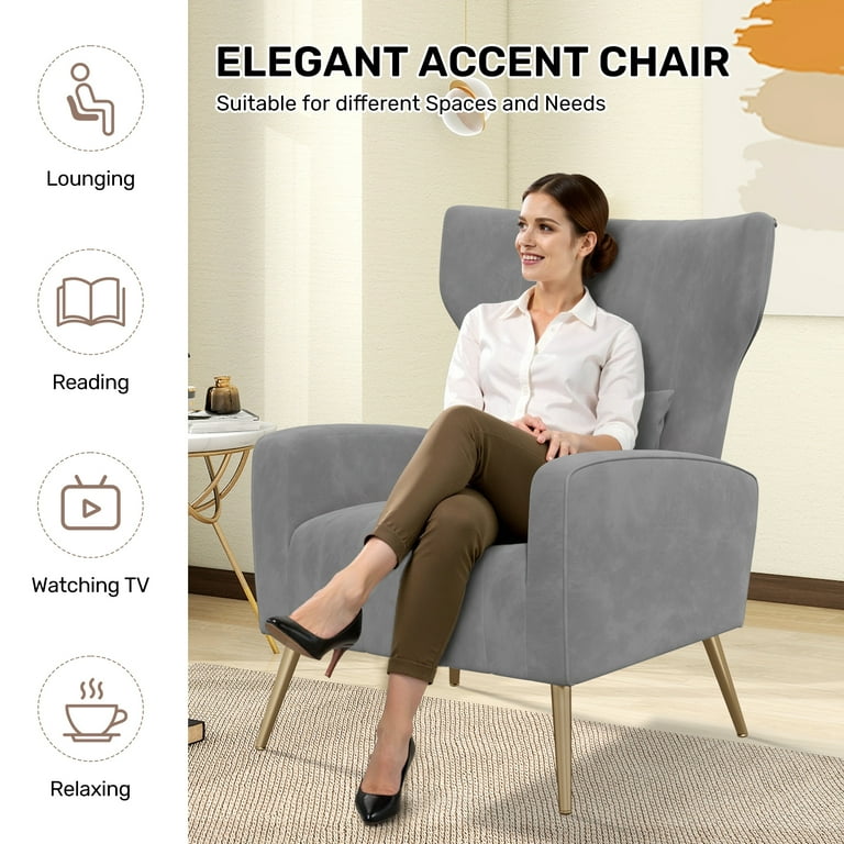 Hawsaiy Velvet Wingback Accent Chair with Golden Legs, Gray photo 6