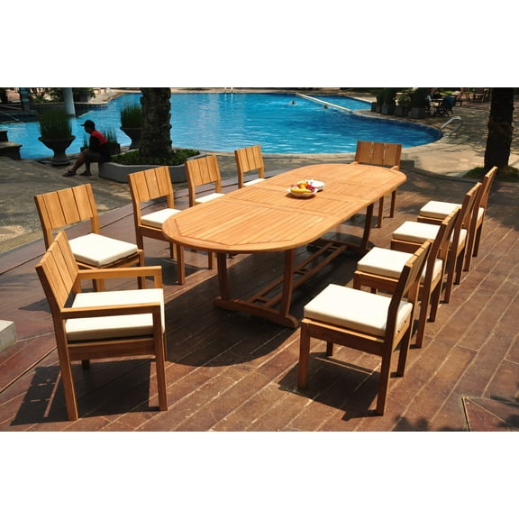 Grade-A Teak Dining Set: 10 Seater 11 Pc: 118" Double Extension Mas Oval Trestle Leg Table And 10 Veranda Chairs (2 Arm & 8 Armless Chairs) WholesaleTeak #WMVR86