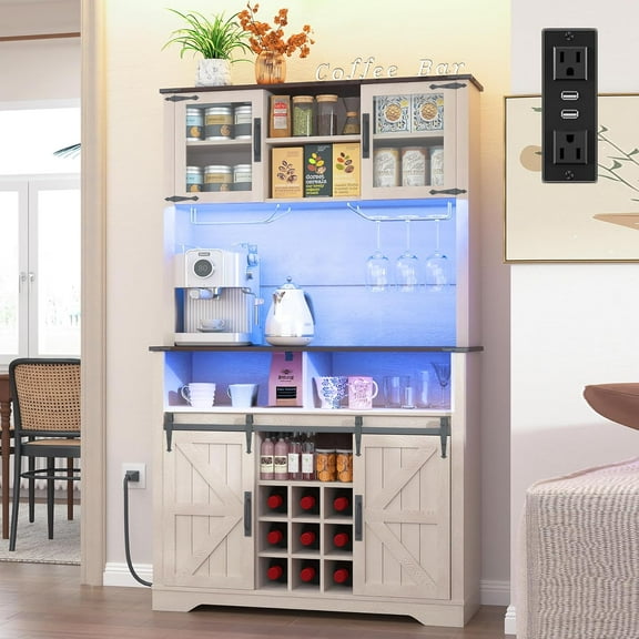 Farmhouse Coffee Bar Cabinet with Sliding Barn Door, Buffet Cabinet with Hutch, Kitchen Pantry Cabinet with Power Outlet & Lighting, Tall Liquor Chest for Home Dining Room, White