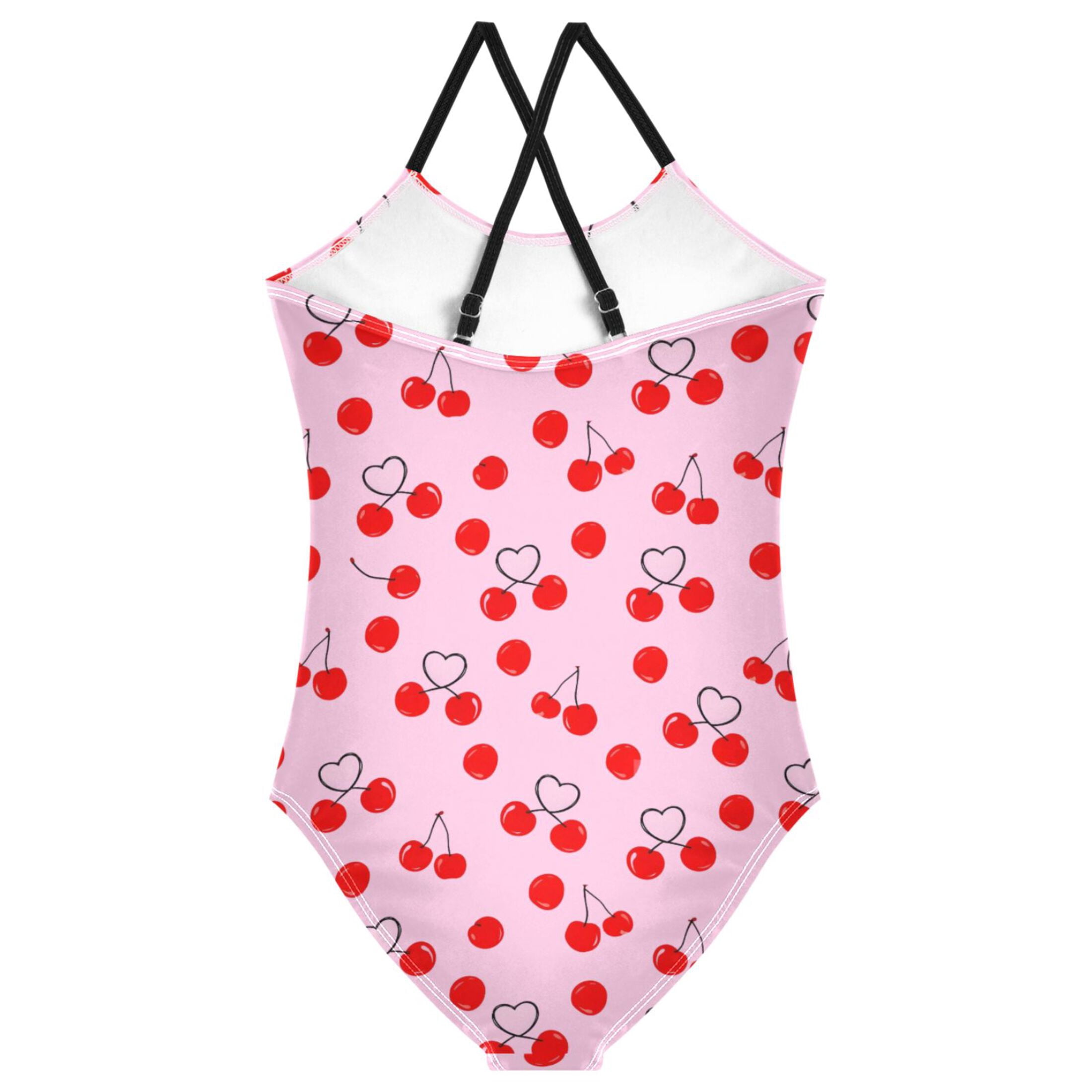 Girls Heart Shape Cherry Print One Piece Swimsuit, Cross Back