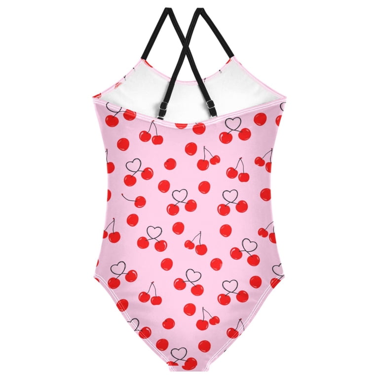Girls Heart Shape Cherry Print One Piece Swimsuit, Cross Back