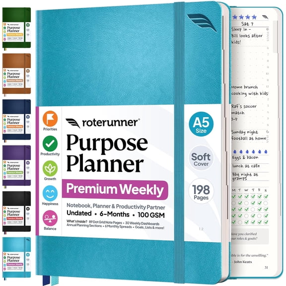 Purpose Planner Notebook A5 5.8”x8.3” Undated 2026 Daily Weekly and Monthly Productivity Goal Setting Tool for Work Home ADHD Planner for Adults Self Care Journal (Teal Softcover)