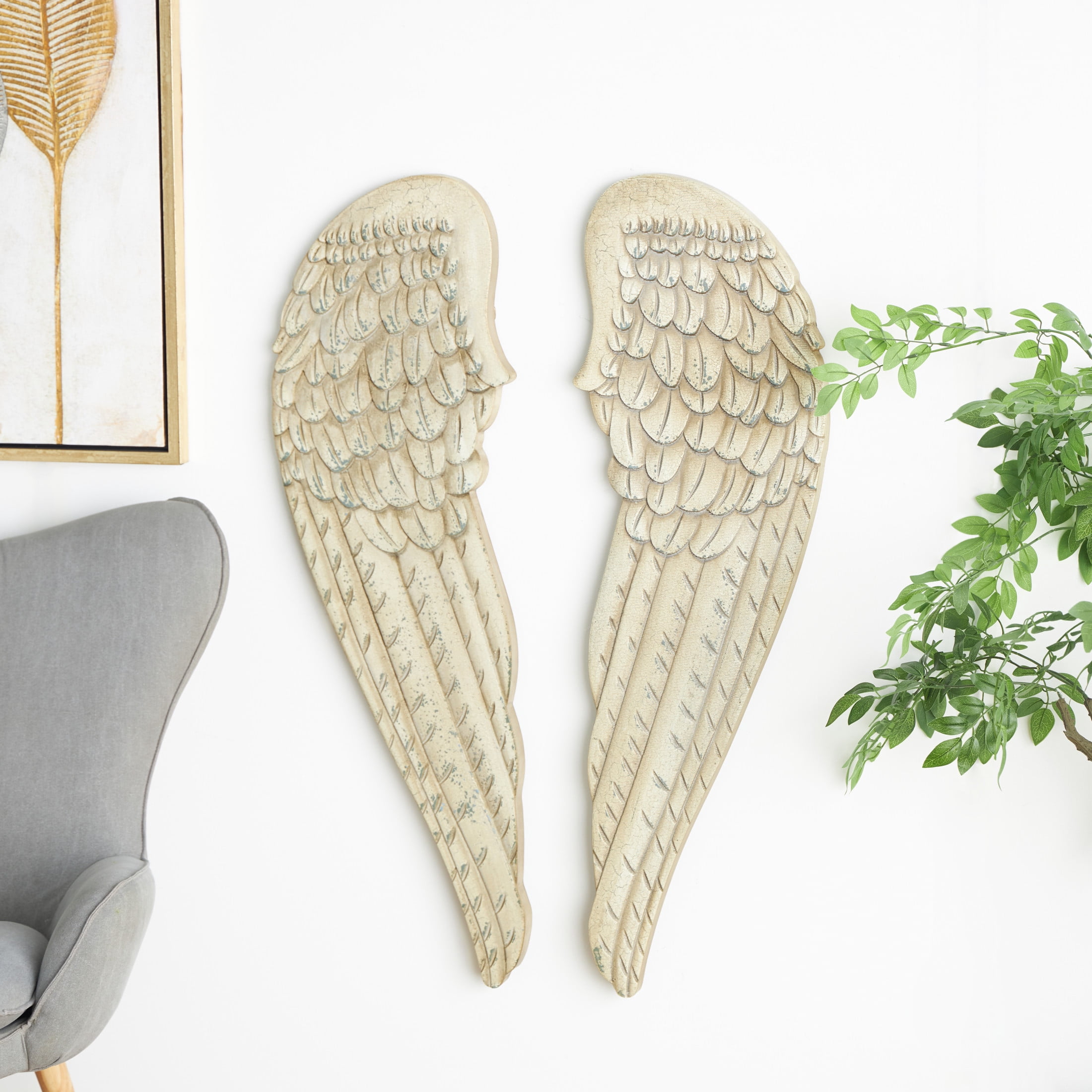 DecMode White Wooden Carved Wings Bird Wall Decor (2 Count)