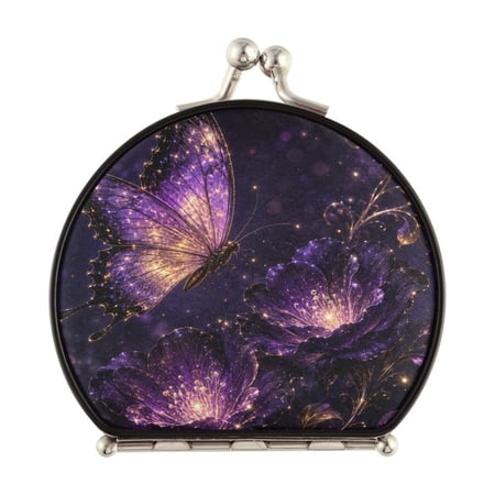 Portable Folding Mirror Compact Double Sided Travel Mirror Small Makeup Mirror Use Present for Women Purple Butterflies and Flowers