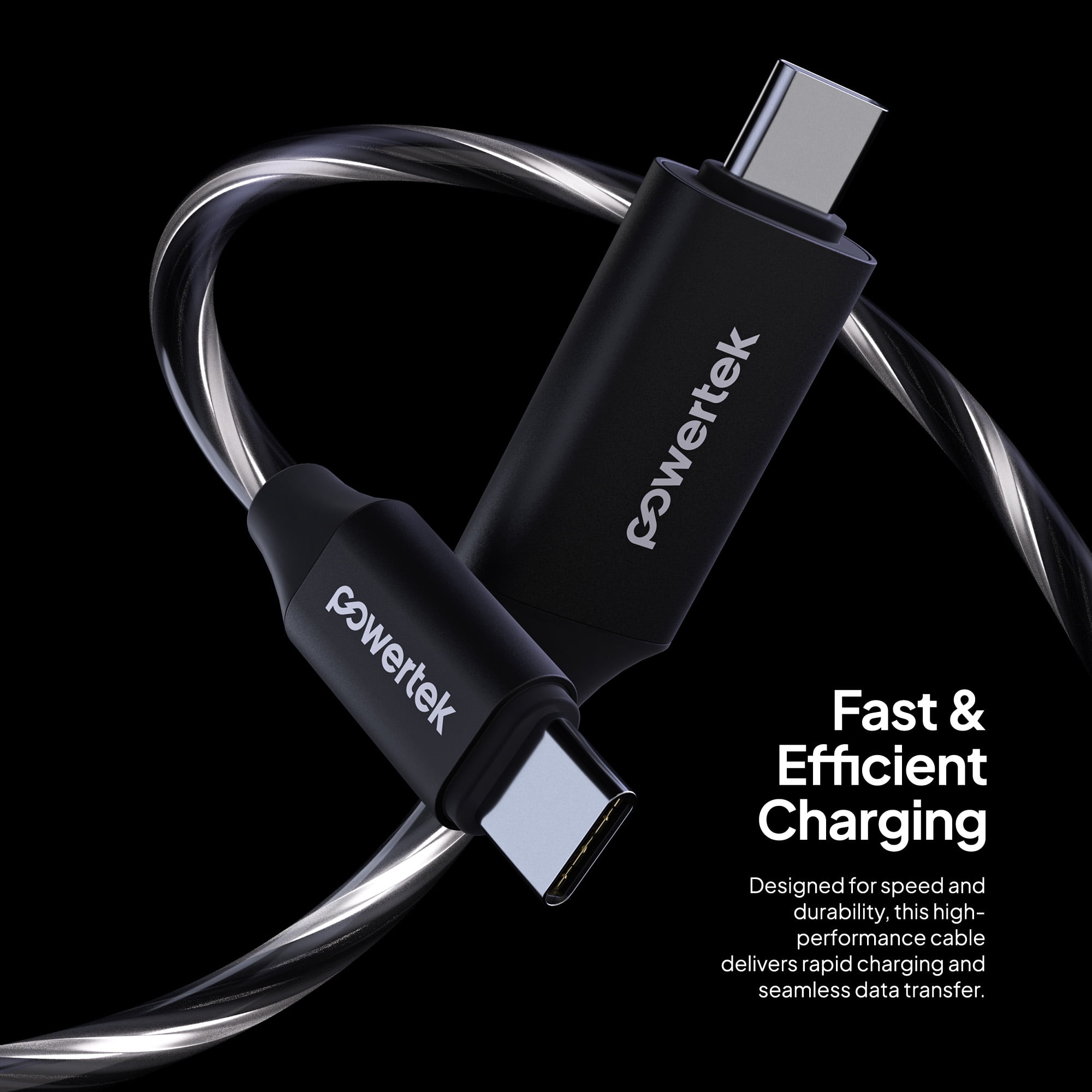 Powertek Light-Up USB-C to USB-C Fast Charging Cable, 60W, 5 ft, Black