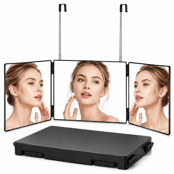 3 Way Mirror for Self Hair Cutting, 360° Adjustable Trifold Mirror, Hanging Self Barber Mirror with Telescoping Hooks, Portable Styling Mirror (Black)