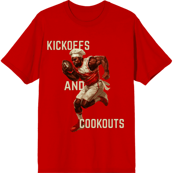 Kickoffs & Cookouts American Football Adult Red Crew Neck Short Sleeve Tee-Small