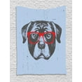 thumbnail image 1 of Rottweiler Tapestry, Funny Portrait of Cute and Hipster Dog with Eyeglasses Image, Wall Hanging for Bedroom Living Room Dorm Decor, 40"W X 60"L, Ceil Blue Grey and Vermilion, by Ambesonne, 1 of 2