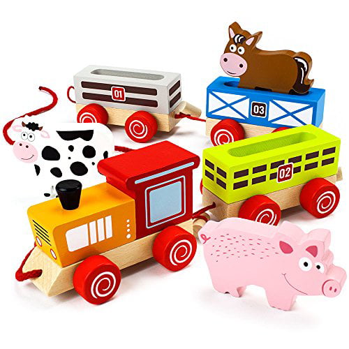 Imagination Generation Push-n-Pull Busy Barnyard Train | Classic Wood Farm  Animals Toy 