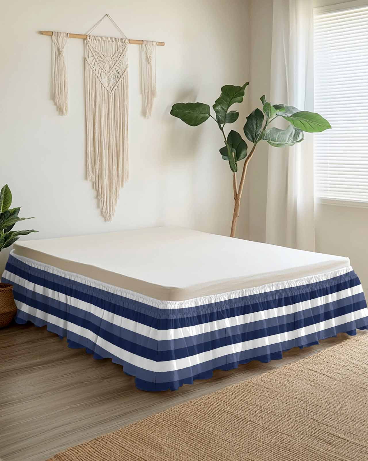 Navy Blue White Striped Wrap Around Bed Skirts for King Bed 18" Drop, Bed Skirt with Adjustable Elastic Belt Dust Ruffle Bed Valance for Bedroom Hotel Luxury Farmhouse Stripes Bed Frame Cover