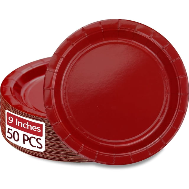 PTECDROTS 50 Pcs Assiettes en Papier Rouges, Assiettes en Papier de 9 Pouces Assiettes de Noël Vaisselle Assiettes Rondes pour Fournitures de Fête de Noël Rouges Usage Quotidien Fournitures pour Fêtes de Mariage et d'Anniversaire