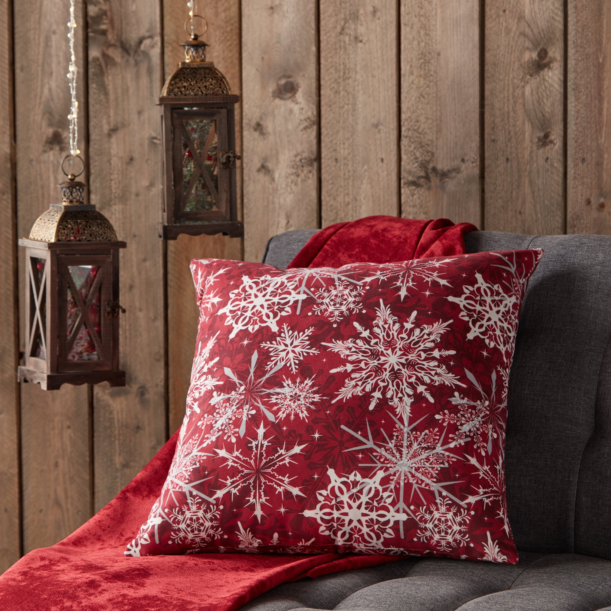 Greendale Home Fashions Snowflakes Christmas Square Throw Pillow - 18" - Red and White
