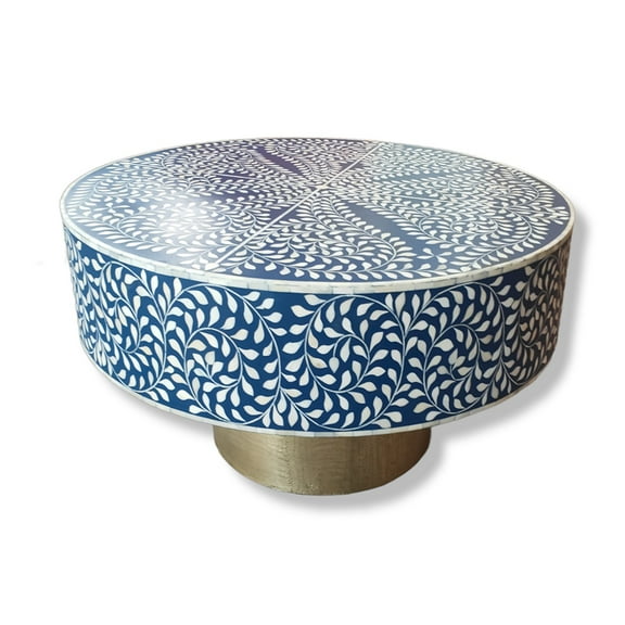 LAKECITY ARTS Bone Inlay Scrollvine Design Coffee Table Indigo Blue, Bone Inlay Scrollvine Design Center Table Indigo Blue, Bone Inlay Round Coffee Table