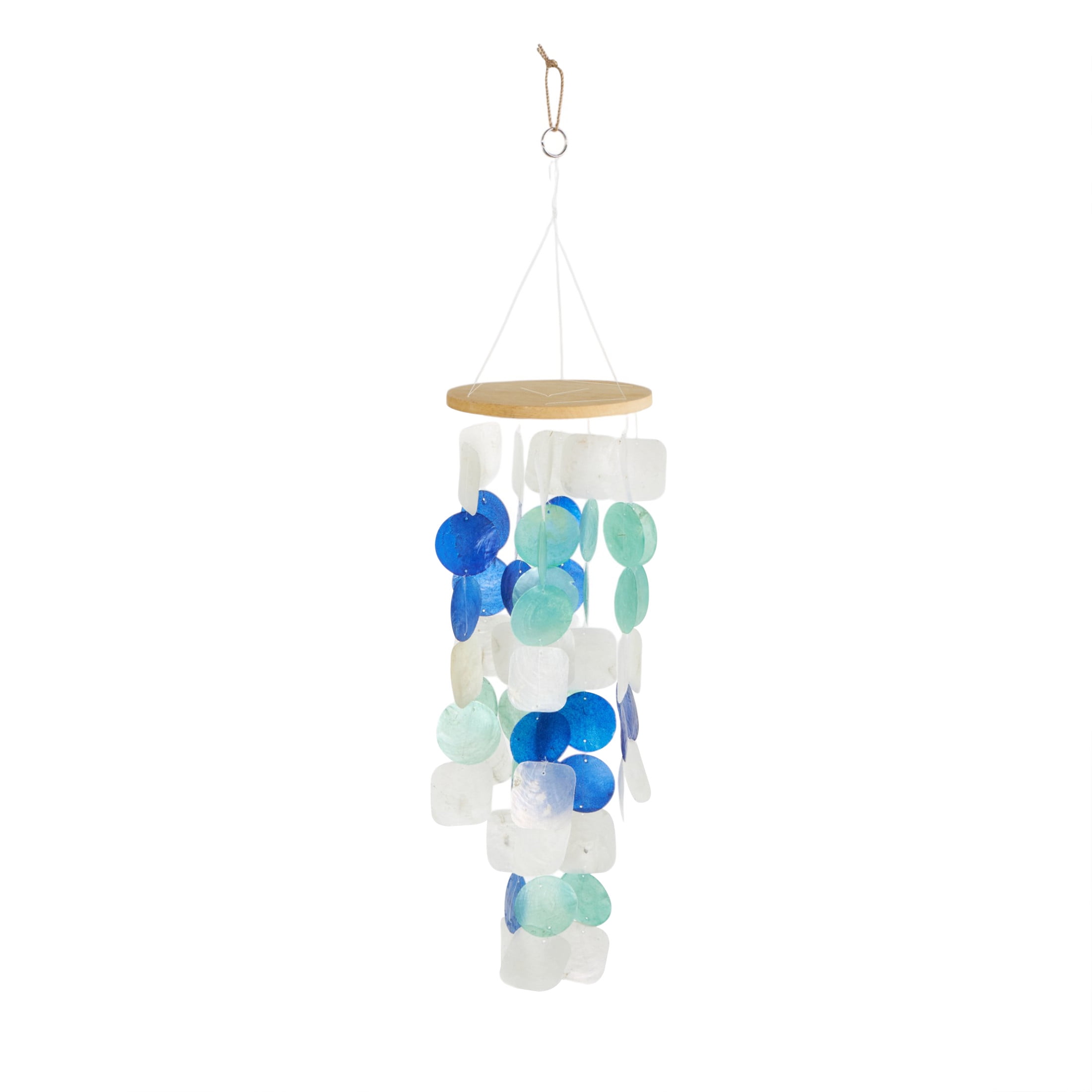DecMode 5" White Capiz Shell Waterfall Geometric Windchime with Blue and Teal Accents
