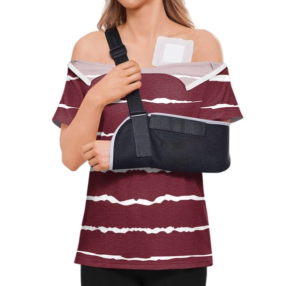 ASDFVBKG Post Shoulder Surgery Shirt for Women Tear Away Short Sleeve Tops After Rotator Cuff Shirt V Neck Chemo Port Adaptive Clothing Red S