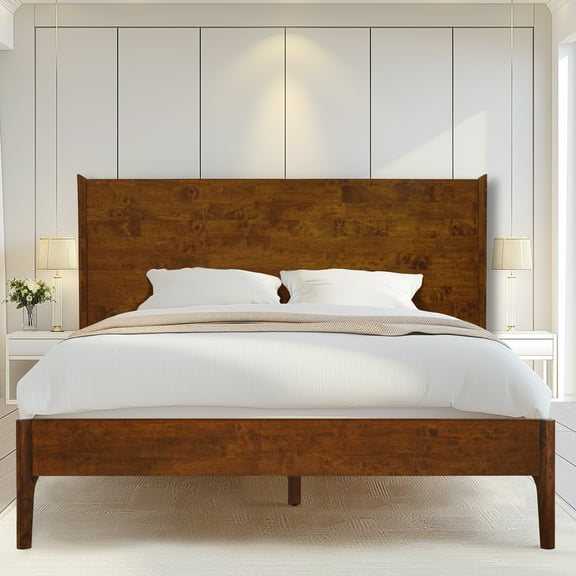 Acacia Haven King Size Bed Frame and Headboard Solid Wood Platform Bed, King Bed Frame 800 lbs Capacity, Scandinavian Signature Wood Bed Compatible with All Mattresses, Walnut