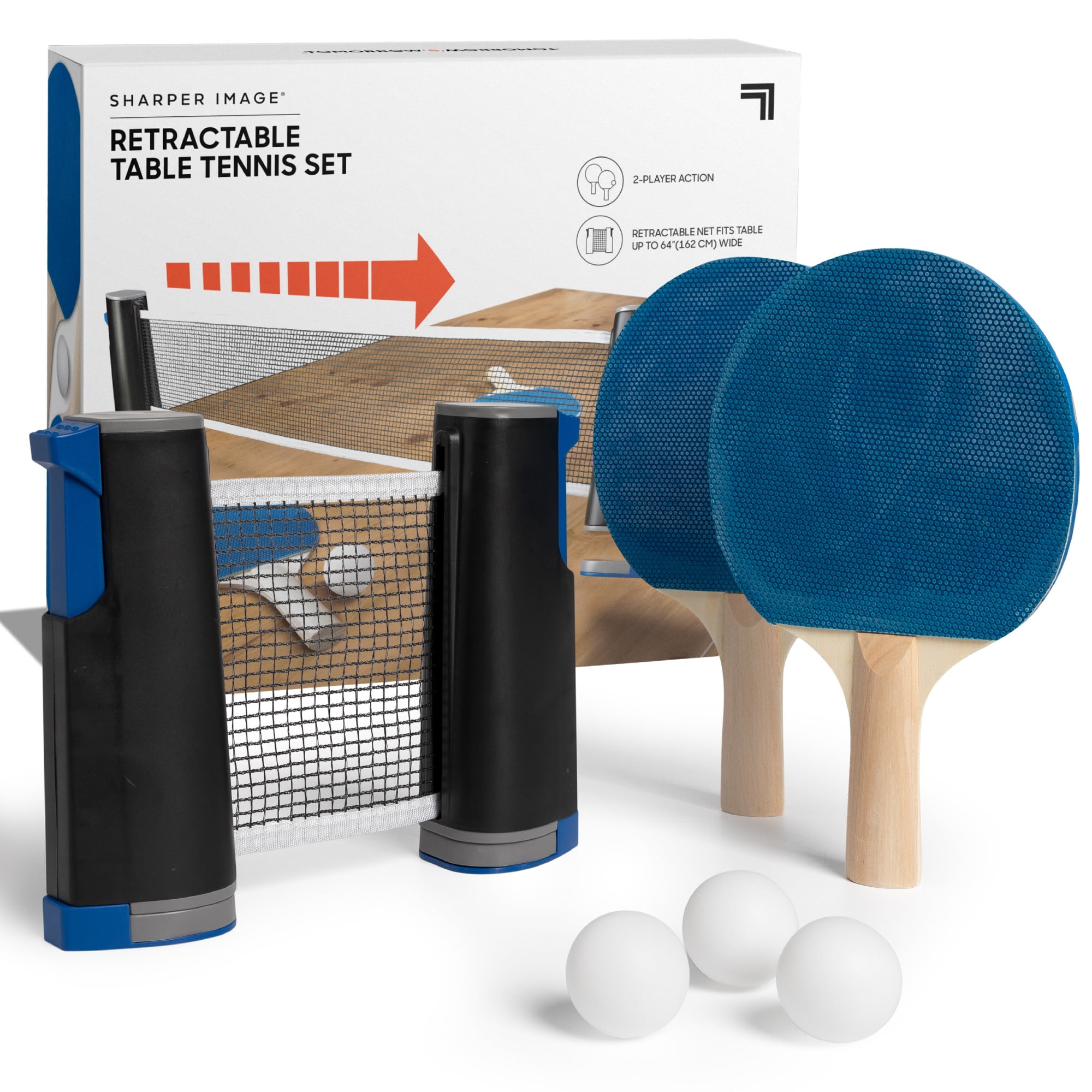 Play Almost Anywhere with Expandable Net BOOMSTORE Sharper Image 7-Piece Retractable Tabletop Tennis Game Set Includes Convenient Portable Drawstring Bag 2 Paddles and 3 Balls 