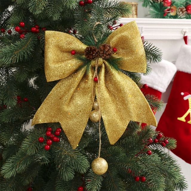 Xihbxyly Lazo para Árbol de Navidad, Elegante Decoración de Perlas, Lujoso Color Rojo, Dorado y Blanco, Fácil de Colgar, Decoración Festiva para El Hogar, Perfecto para Árbol de Navidad, Corona, Tama
